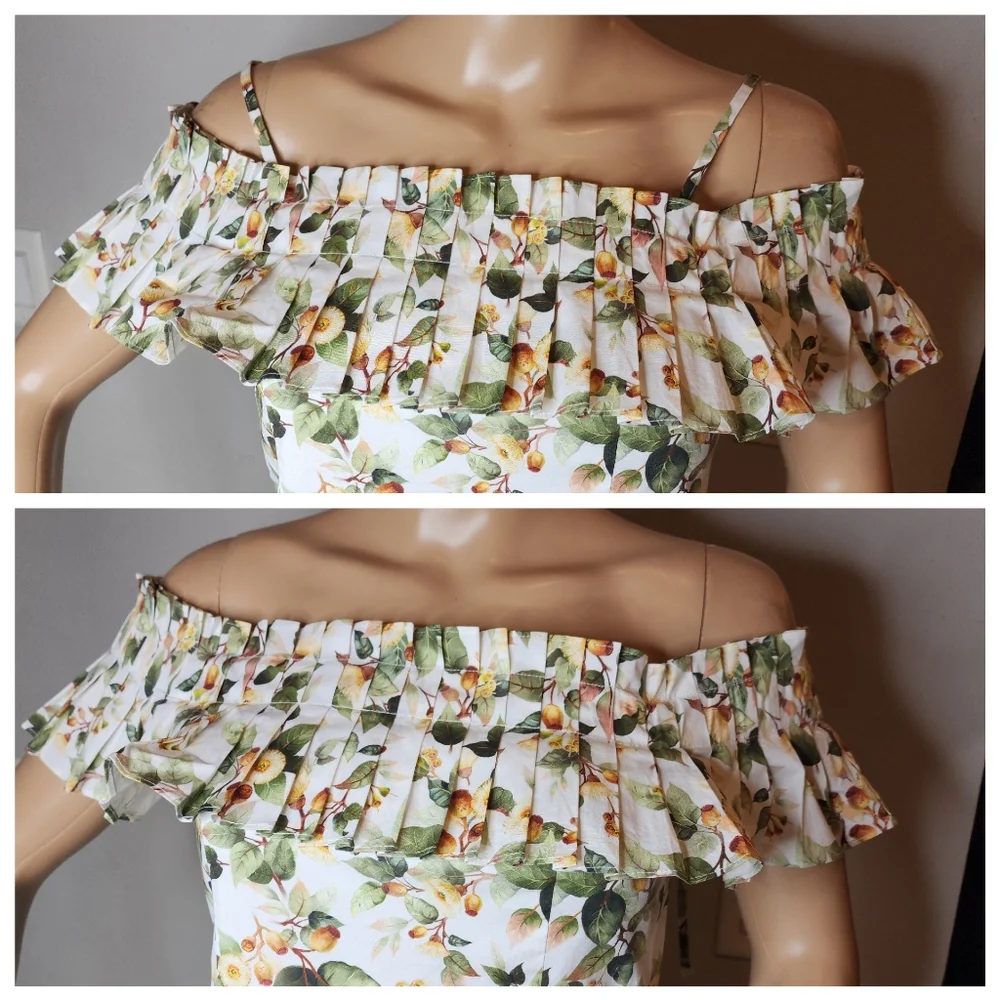 Floral Off-Shoulder Summer Dress in White and Green
